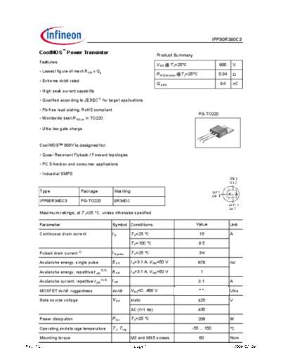 Infineon ipp90r340c3 1[1].0  . Electronic Components Datasheets Active components Transistors Infineon ipp90r340c3_1[1].0.pdf