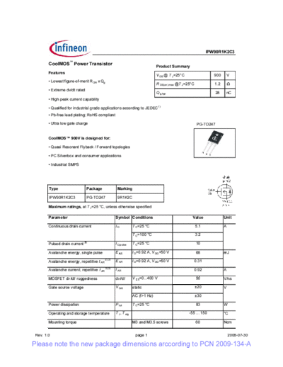 Infineon ipw90r1k2c3 1[1].0 pcn  . Electronic Components Datasheets Active components Transistors Infineon ipw90r1k2c3_1[1].0_pcn.pdf