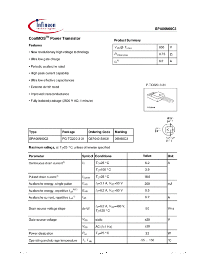 Infineon spa06n60c3 rev1.3  . Electronic Components Datasheets Active components Transistors Infineon spa06n60c3_rev1.3.pdf