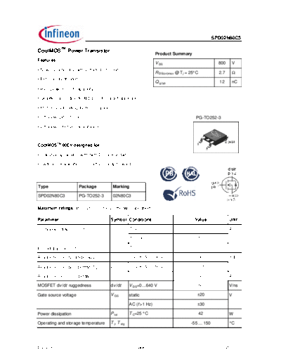 . Electronic Components Datasheets spd02n80c3 rev2.91  . Electronic Components Datasheets Active components Transistors Infineon spd02n80c3_rev2.91.pdf