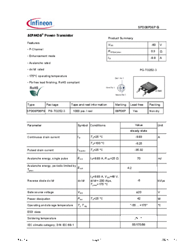 Infineon spd08p06p g rev.1.91  . Electronic Components Datasheets Active components Transistors Infineon spd08p06p_g_rev.1.91.pdf