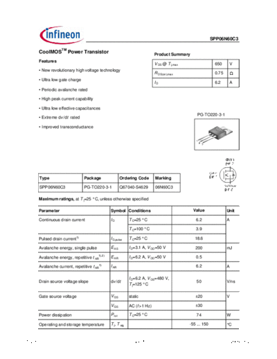 Infineon spp06n60c3 rev1.4  . Electronic Components Datasheets Active components Transistors Infineon spp06n60c3_rev1.4.pdf