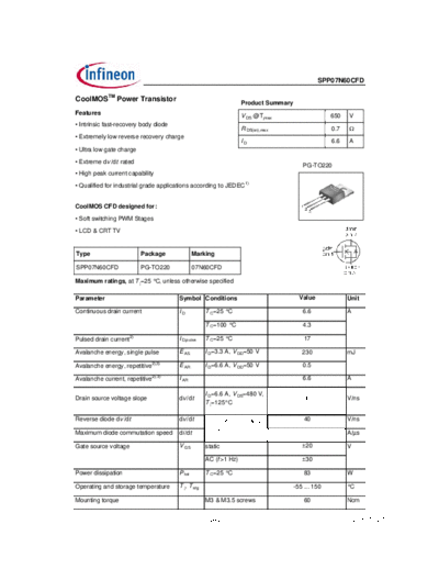 Infineon spp07n60cfd rev1.4  . Electronic Components Datasheets Active components Transistors Infineon spp07n60cfd_rev1.4.pdf