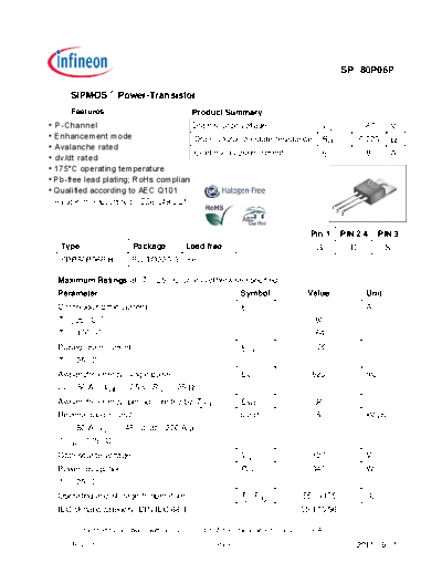 Infineon spp80p06ph rev1.5  . Electronic Components Datasheets Active components Transistors Infineon spp80p06ph_rev1.5.pdf