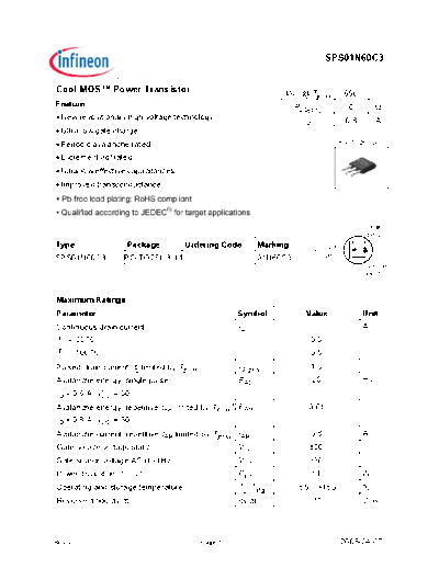 Infineon sps01n60c3 rev.2.1  . Electronic Components Datasheets Active components Transistors Infineon sps01n60c3_rev.2.1.pdf