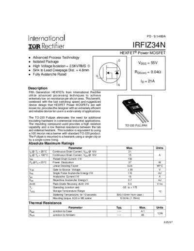 International Rectifier irfiz34n  . Electronic Components Datasheets Active components Transistors International Rectifier irfiz34n.pdf