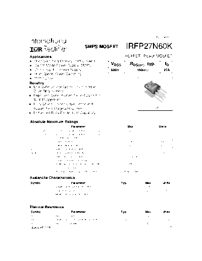 International Rectifier irfp27n60k  . Electronic Components Datasheets Active components Transistors International Rectifier irfp27n60k.pdf