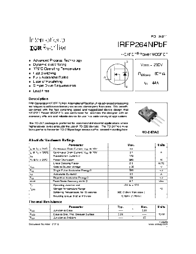 International Rectifier irfp264npbf  . Electronic Components Datasheets Active components Transistors International Rectifier irfp264npbf.pdf