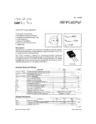 International Rectifier irfpe40  . Electronic Components Datasheets Active components Transistors International Rectifier irfpe40.pdf