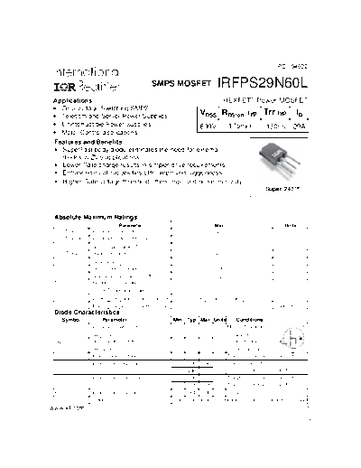 International Rectifier irfps29n60l  . Electronic Components Datasheets Active components Transistors International Rectifier irfps29n60l.pdf