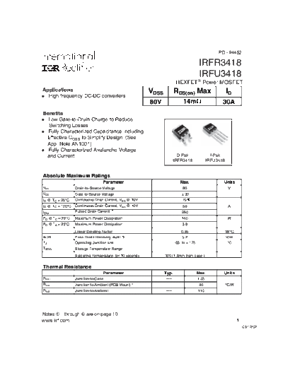 International Rectifier irfr3418  . Electronic Components Datasheets Active components Transistors International Rectifier irfr3418.pdf