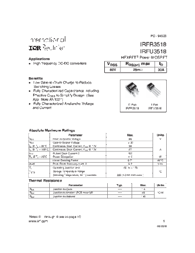 International Rectifier irfr3518  . Electronic Components Datasheets Active components Transistors International Rectifier irfr3518.pdf