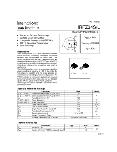 International Rectifier irfz34s  . Electronic Components Datasheets Active components Transistors International Rectifier irfz34s.pdf