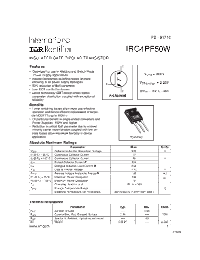 International Rectifier irg4pf50w  . Electronic Components Datasheets Active components Transistors International Rectifier irg4pf50w.pdf