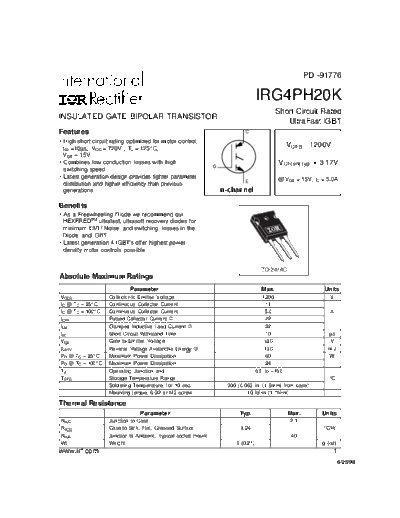 International Rectifier irg4ph20k  . Electronic Components Datasheets Active components Transistors International Rectifier irg4ph20k.pdf