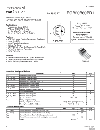 International Rectifier irgb20b60pd1  . Electronic Components Datasheets Active components Transistors International Rectifier irgb20b60pd1.pdf