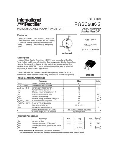 International Rectifier irgbc20k-s  . Electronic Components Datasheets Active components Transistors International Rectifier irgbc20k-s.pdf