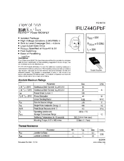 International Rectifier irliz44gpbf  . Electronic Components Datasheets Active components Transistors International Rectifier irliz44gpbf.pdf