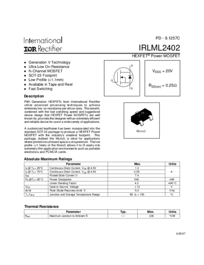 International Rectifier irlml2402  . Electronic Components Datasheets Active components Transistors International Rectifier irlml2402.pdf