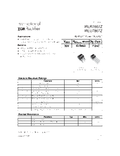 International Rectifier irlr7807z  . Electronic Components Datasheets Active components Transistors International Rectifier irlr7807z.pdf