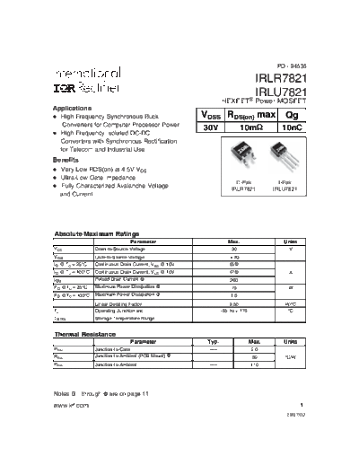 International Rectifier irlr7821  . Electronic Components Datasheets Active components Transistors International Rectifier irlr7821.pdf