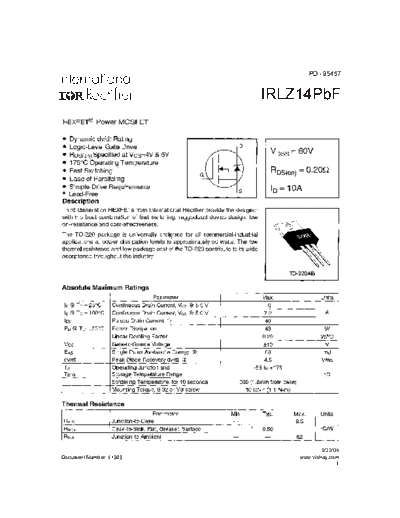 International Rectifier irlz14pbf  . Electronic Components Datasheets Active components Transistors International Rectifier irlz14pbf.pdf