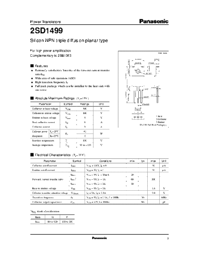 Panasonic 2sd1499  . Electronic Components Datasheets Active components Transistors Panasonic 2sd1499.pdf