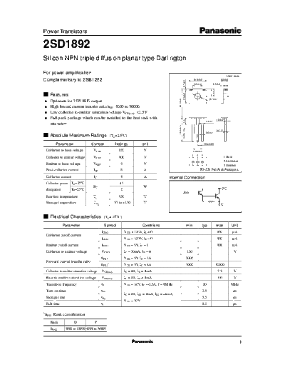 Panasonic 2sd1892  . Electronic Components Datasheets Active components Transistors Panasonic 2sd1892.pdf