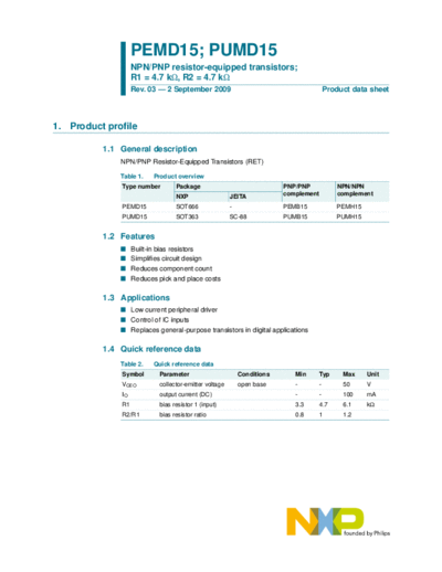 Philips pemd15 pumd15  . Electronic Components Datasheets Active components Transistors Philips pemd15_pumd15.pdf