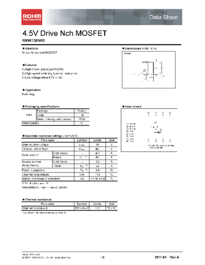 Rohm rmw130n03  . Electronic Components Datasheets Active components Transistors Rohm rmw130n03.pdf