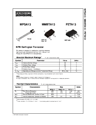 Fairchild Semiconductor mpsa13  . Electronic Components Datasheets Active components Transistors Fairchild Semiconductor mpsa13.pdf