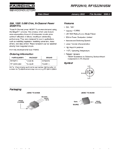 Fairchild Semiconductor rfp22n10 rf1s22n10sm  . Electronic Components Datasheets Active components Transistors Fairchild Semiconductor rfp22n10_rf1s22n10sm.pdf