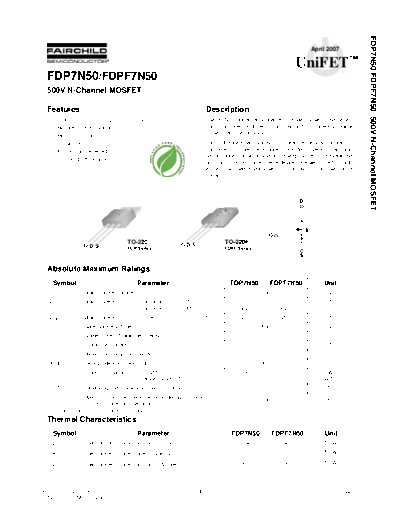 Fairchild Semiconductor fdp7n50 fdpf7n50  . Electronic Components Datasheets Active components Transistors Fairchild Semiconductor fdp7n50_fdpf7n50.pdf