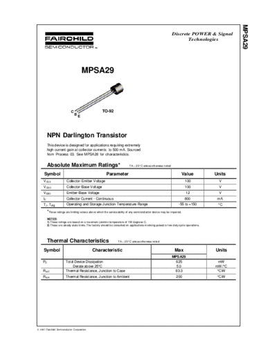 Fairchild Semiconductor mpsa29  . Electronic Components Datasheets Active components Transistors Fairchild Semiconductor mpsa29.pdf