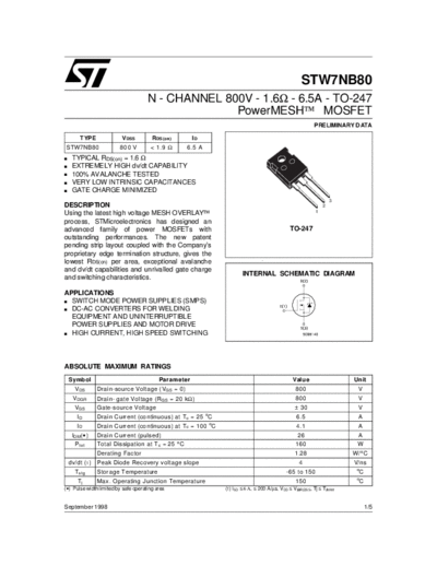 ST stw7nb80-  . Electronic Components Datasheets Active components Transistors ST stw7nb80-.pdf