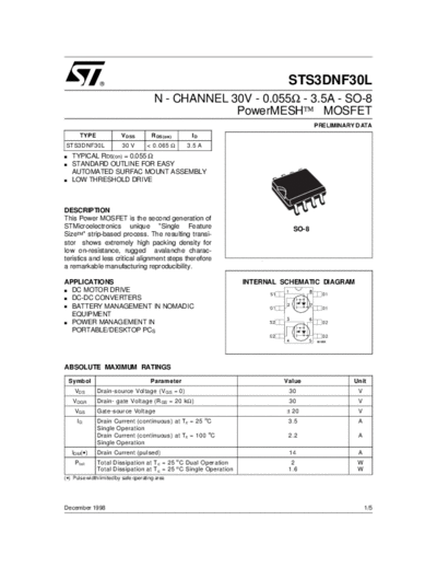 ST s3dnf30  . Electronic Components Datasheets Active components Transistors ST sts3dnf30.pdf