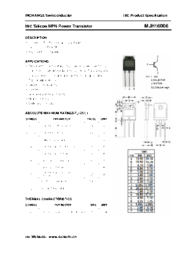 Inchange Semiconductor mjh16006  . Electronic Components Datasheets Active components Transistors Inchange Semiconductor mjh16006.pdf