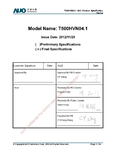 . Various Panel AUO T500HVN04-1 CELL 0 [DS]  . Various LCD Panels Panel_AUO_T500HVN04-1_CELL_0_[DS].pdf