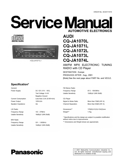 panasonic AUDI CQ-JA1070L CQ-JA1071 CQ-JA1072 CQ-JA1073 CQ-JA1074L panasonic Car Audio CQ-JA1071 AUDI_CQ-JA1070L_CQ-JA1071_CQ-JA1072_CQ-JA1073_CQ-JA1074L.djvu