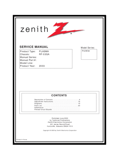 ZENITH Zenith P42W34  ZENITH TV P42W34 Zenith P42W34.zip