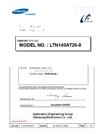 . Various Panel SAMSUNG LTN140AT26-804 0 [DS]  . Various LCD Panels Panel_SAMSUNG_LTN140AT26-804_0_[DS].pdf