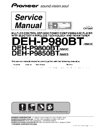 Pioneer DEH-P980BT P9800BT P9850BT (CRT3687)  Pioneer Car Audio DEH-P9800BT Pioneer DEH-P980BT_P9800BT_P9850BT (CRT3687).pdf