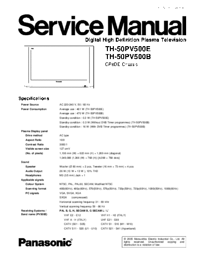 panasonic TH-50PV500E [SM]  panasonic Training Manuals Panasonic TH-50PV500E [SM].rar