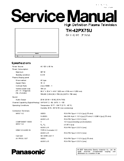 panasonic TH-42PX75U [SM]  panasonic Training Manuals Panasonic TH-42PX75U [SM].rar