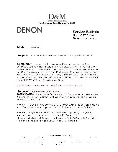 DENON Service Bulletin OST-F1091  DENON AV Surround Receiver AV Surround Receiver Denon - AVR-3806 Service Bulletin OST-F1091.PDF