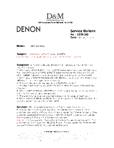 DENON Service Bulletin DZ09-282  DENON Blu-Ray Disk Blu-Ray Disk Denon - DBP-4010UDCI Service Bulletin DZ09-282.PDF