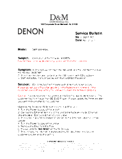 DENON Service Bulletin DZ10-013  DENON Blu-Ray Disk Blu-Ray Disk Denon - DBP-4010UDCI Service Bulletin DZ10-013.PDF