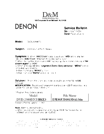 DENON Service Bulletin OST-F1291  DENON DVD Video Player DVD Video Player Denon - DVD-2500BT & 3800BD Service Bulletin OST-F1291.PDF