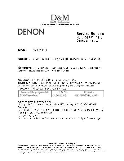 DENON Service Bulletin OST-F1179-2  DENON DVD Video Player DVD Video Player Denon - DVD-2930 & 2930CI Service Bulletin OST-F1179-2.PDF