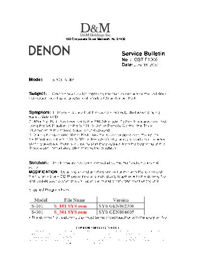 DENON Service Bulletin OST-F1006  DENON Home Theatre System Home Theatre System Denon - S-101 Service Bulletin OST-F1006.PDF